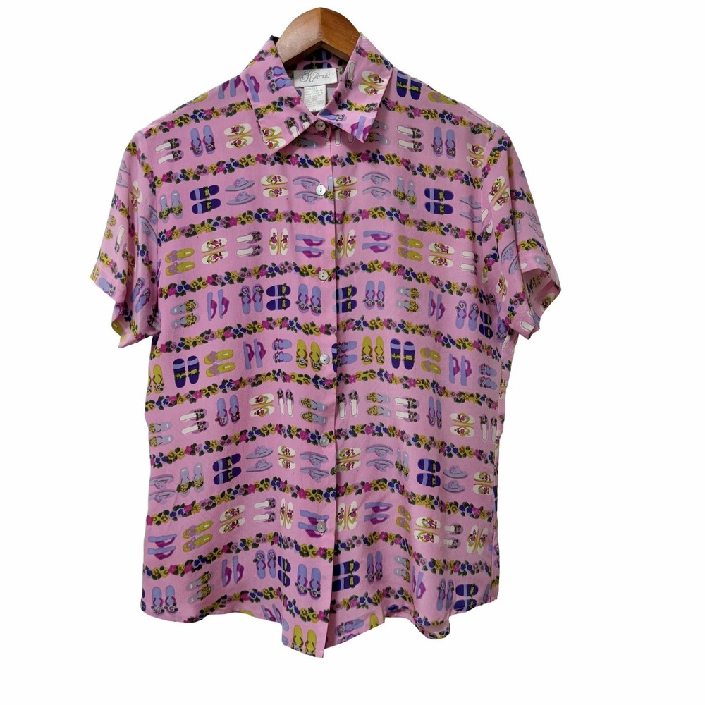 K Arnold Womens Silk Floral Flip Flop Novelty Print Button Up Camp Shirt Size M